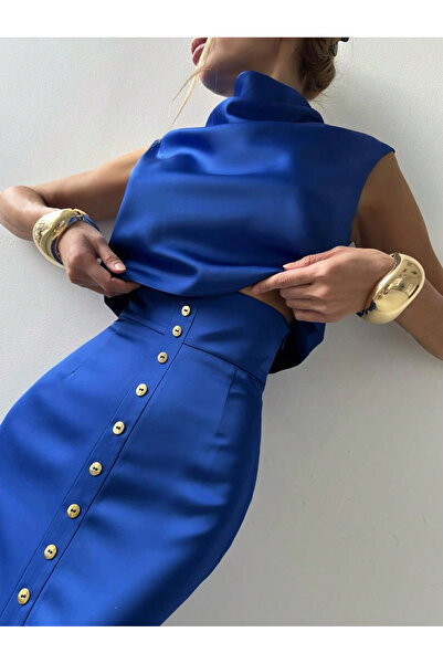 Take Two By Styli Blue Satin Crop Top and High Rise Maxi Skirt Co-Ords