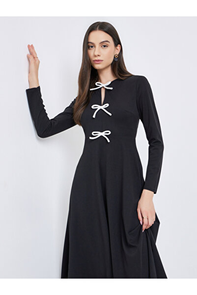 Take Two By Styli Solid Bow Detail Long Sleeve Midi Dress