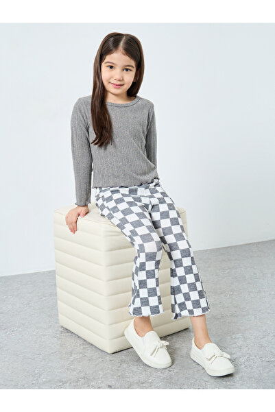 Take Two By Styli Girls Textured T-Shirt and Checked Flared Pants Set