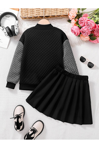 Take Two By Styli Girls Black Textured Jacket and Skirt Set