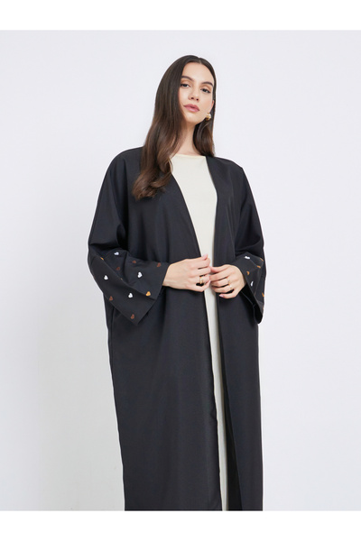 Take Two By Styli Black Open Front Embroidered Sleeve Abaya