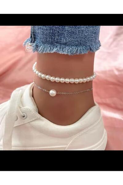 Arescollection İncili zincir detaylı kibar 2 li halhal