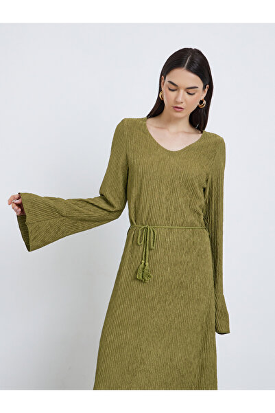 Take Two By Styli Olive Green Maxi Dress with Long Sleeves