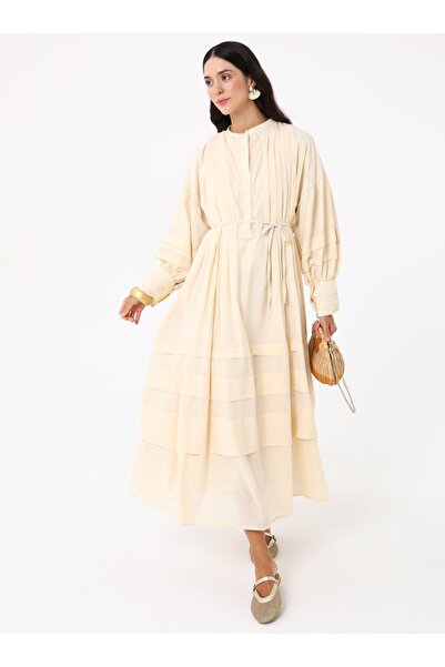 MRS. POLEEN Balloon Sleeve Layered Hijab Dress - Beige - Mrs Poleen