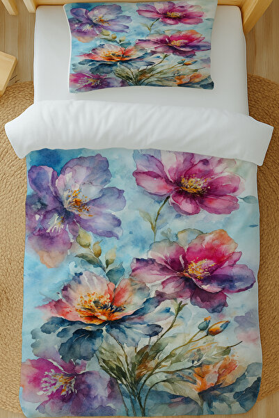 Else Dekor Σετ Παπλωματοθήκη Μονό Κρεβάτι Ακουαρέλα Μοτίβο Λουλούδια Βαμβακερό Σατέν 160x220cm