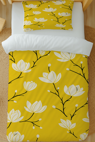 Else Dekor Σετ Παπλωματοθήκη Μονό Κρεβάτι 160x220cm με Κίτρινα Λευκά Λουλούδια με σχέδιο από βαμβακερό σατέν