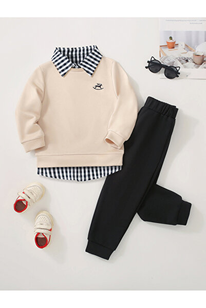 Take Two By Styli Boys Beige Solid Sweatshirt and Joggers Set
