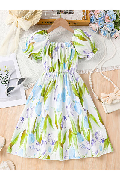 Take Two By Styli Girls Tulip Print Puff Sleeve Dress