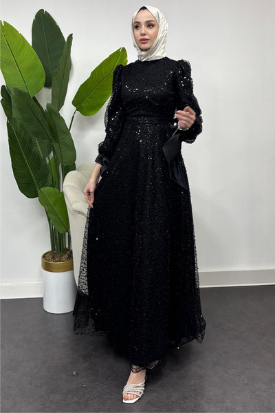 Tesettür Diyarı Kadın Aura Model Nişan Mezuniyet Ve Özel Günleriniz İçin Taş İşlemeli Abiye- Siyah