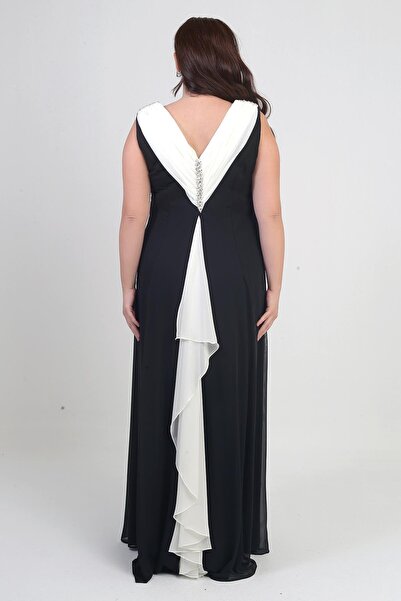 By Saygı Women's Degaje Collar Back Stone Detail Flounced Lined Plus Size Long Chiffon Dress