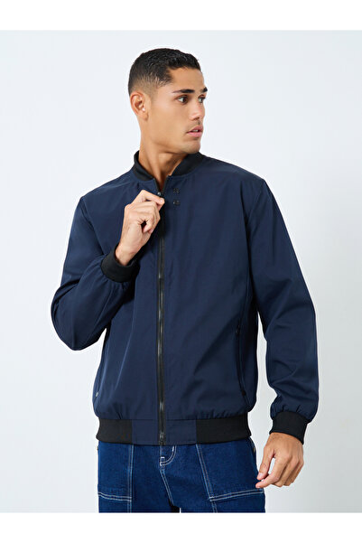 Take Two By Styli Men Dark Blue Solid Bomber Jacket