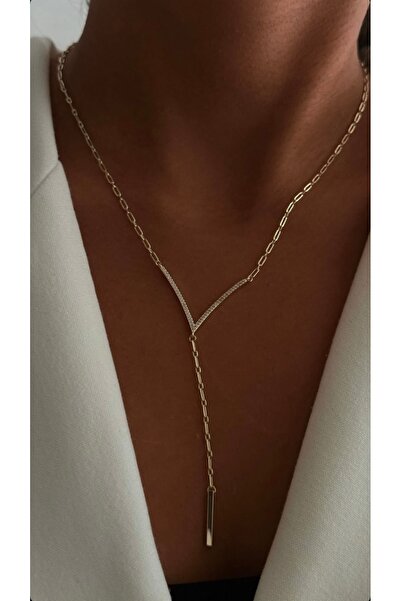 Vi store İthal Çelik Altın Taşlı V Kolye