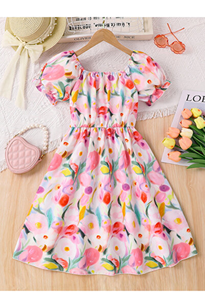 Take Two By Styli Girls Floral Square Neck Casual Dress