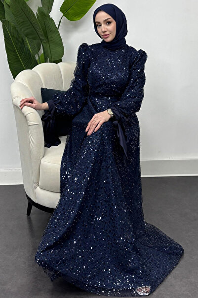 Tesettür Diyarı Kadın Aura Model Nişan Mezuniyet Ve Özel Günleriniz İçin Taş İşlemeli Abiye- Lacivert