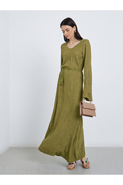 Take Two By Styli Olive Green Maxi Dress with Long Sleeves