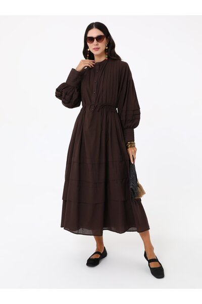 MRS. POLEEN Balloon Sleeve Tiered Hijab Dress - Brown - Mrs Poleen