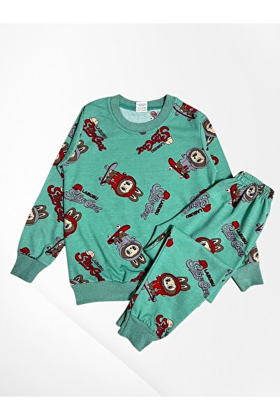 Pajama Shop Σετ χειμερινής πιτζάμα με μακρυμάνικο ύφασμα από βαμβακερό ύφασμα πράσινο χρώμα Labubu