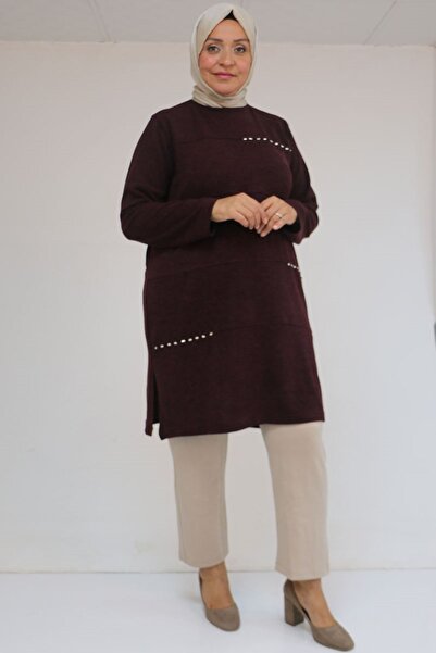 Eslina 58113 Μεγάλο μέγεθος Dikme Πέτρινο Λεπτομερές Στριγμένο Μιρ Τουνίκ - Μελιτζάνα