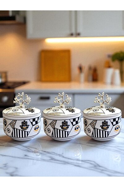 ferayhome Kitchen Accessory 3-Piece Breakfast Storage Container Spice Rack Sugar Bowl Hamse Pattern Silver - Feray Home