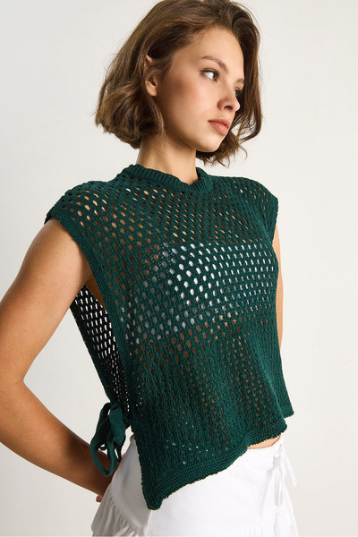 Bianco Lucci Women's Side Tie Detailed Openwork Crew Neck Sweater 60261568