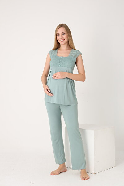 Miss Dünya Lissa Lace-Detailed Elegant Robe, Nightgown, and Pajama 4-Piece Nursing and Maternity Set