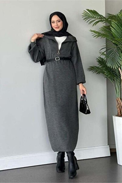 MY QILAM Kadın Triko Uzun Elbise Boğazi Fermuarli Balon Kol Tesettür Elbise Standart Beden (36/44 Arasi)
