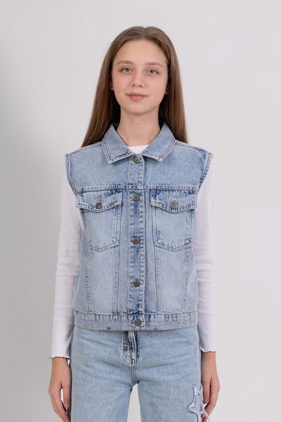 ww waka waka kids store Girl's Blue Denim Vest – Buttoned Denim Vest