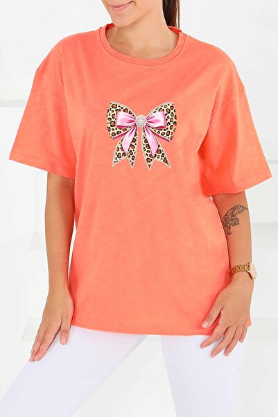 TOFİSA Εμπριμέ κοντομάνικο μπλουζάκι πορτοκαλί - 27576