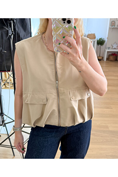 Modaonna Etek ucu balon bej yelek