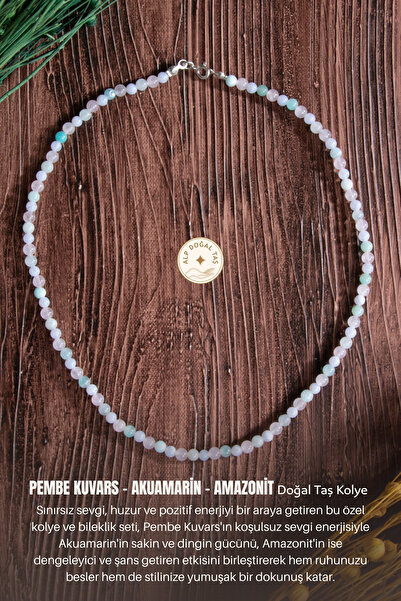 Alp Doğal Taş Sertifikalı Pembe Kuvars Akuamarin Amazonit Doğal Taş Kolye