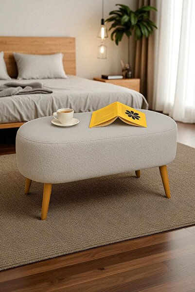 Zinnet Design Liva Büyük Oval Puf Bench – Ahşap Retro Ayaklı, Dekoratif Peluş Tabure