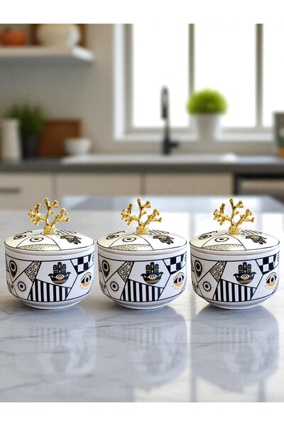 ferayhome Kitchen Accessory 3-Piece Breakfast Storage Container Spice Rack Sugar Bowl Hamse Pattern Gold - Feray Home
