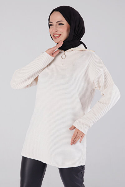 TOFİSA Fitili Fermuarlı Triko Kazak Bej - 27632