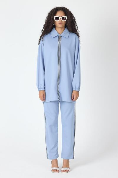 Basicpark Indigo Women's Zipper Closure Stripe Detailed Shirt Collar Cotton Knitted Bottom Top Set