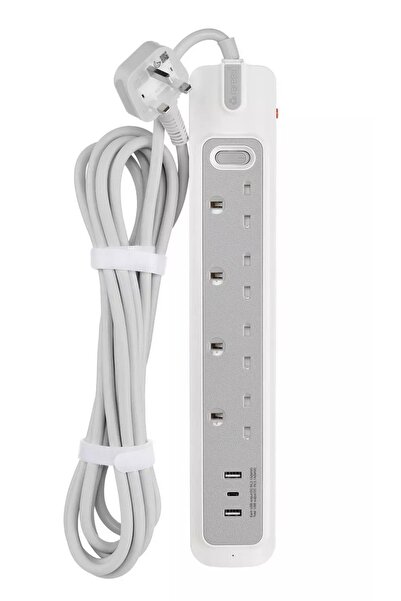 RAFEED Electric, Power Extension, 4 Sockets, 5M, 2 USB-A, 1 USB-C, White/Grey