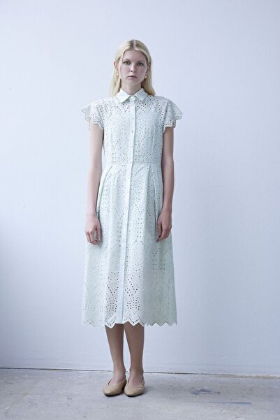 By Mare Style Belted Midi Length Water Green Cotton Brode Dress Jennifer