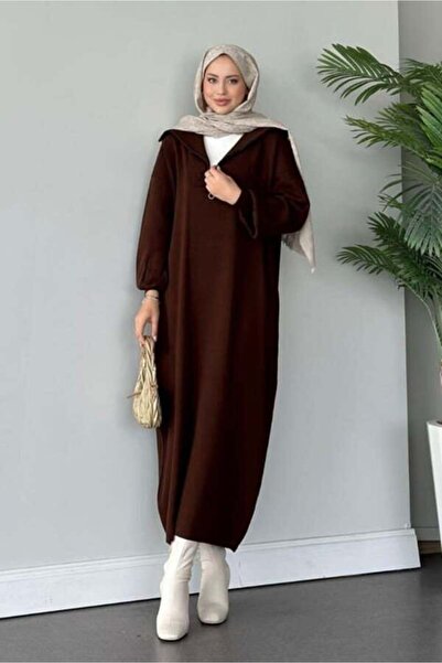 MY QILAM Kadın Triko Uzun Elbise Boğazi Fermuarli Balon Kol Tesettür Elbise Standart Beden (36/44 Arasi)