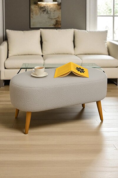 Zinnet Design Liva Büyük Oval Puf Bench – Ahşap Retro Ayaklı, Dekoratif Peluş Tabure