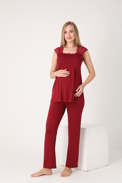 Miss Dünya Lissa Lace-Detailed Elegant Robe, Nightgown, and Pajama 4-Piece Nursing and Maternity Set