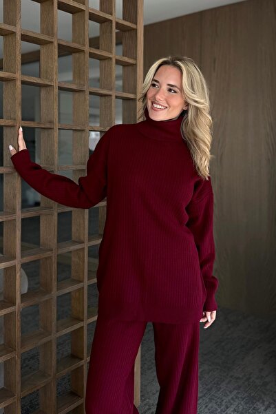 Laluvia Burgundy High Neck Ribbed Knitwear Set - 4671