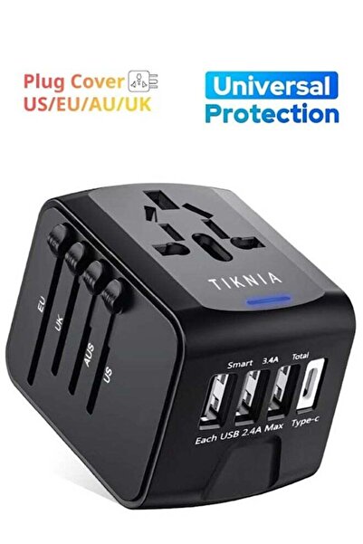 TIKNIA Universal Travel Adapter - 3 USB + 1 Type C in One Travel Charger with UK/US/AUS/EU Plugs and