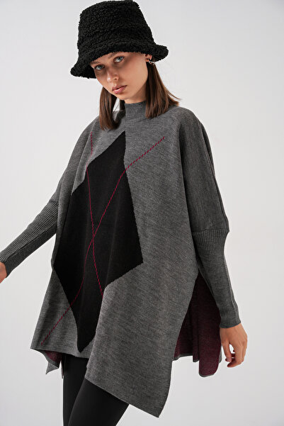 Bigdart 15783 Slit Poncho Sweater - V. Anthracite