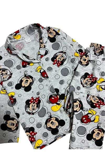 Pajama Shop Girl's 100% Cotton Gray Color Mouse Pattern Shirt Collar Buttoned Pajama Set