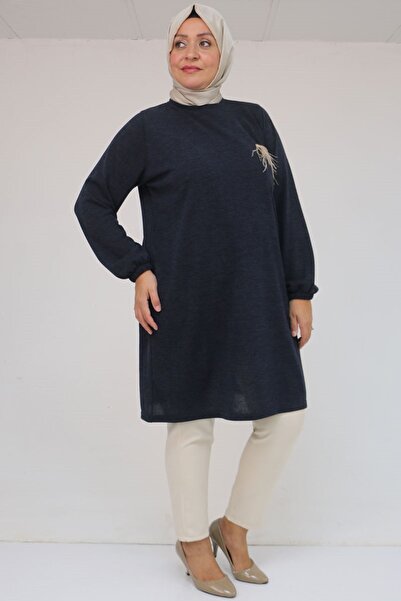 Eslina 58114 Μεγάλο μέγεθος Mir Tunik με ελαστικά μανίκια και λεπτομέρεια με φούντα στην τσέπη - Μπλε ναυτικό