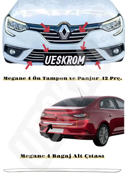 ueskrom Renault Megane 4 2016 - 2020 Krom Ön Panjur Ön Tampon Ve Bagaj Alt Çı...