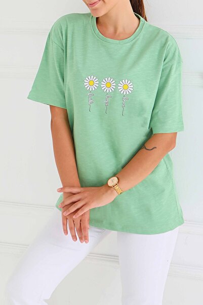 TOFİSA Μπλουζάκι με στάμπα και κοντά μανίκια σε πράσινο χρώμα - 27578