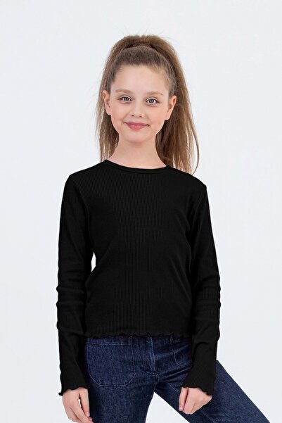 ww waka waka kids store Girl's Long Sleeve Ribbed T-Shirt Ecru & Black