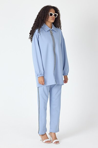 Basicpark Indigo Women's Zipper Closure Stripe Detailed Shirt Collar Cotton Knitted Bottom Top Set