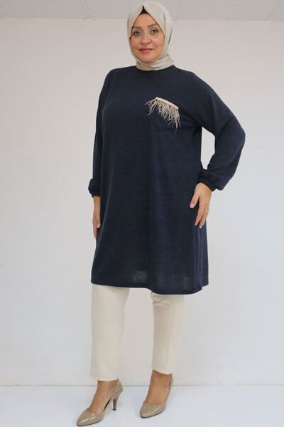 Eslina 58114 Μεγάλο μέγεθος Mir Tunik με ελαστικά μανίκια και λεπτομέρεια με φούντα στην τσέπη - Μπλε ναυτικό