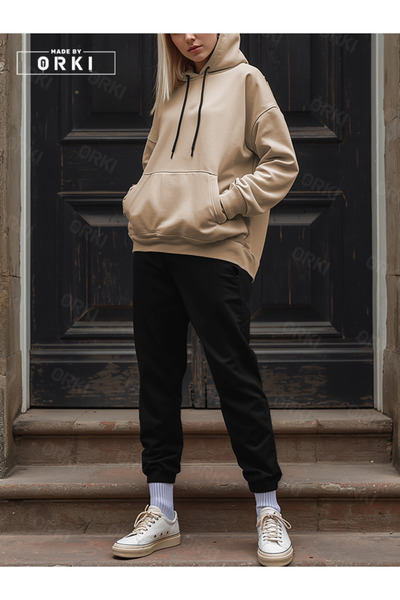 EFFRENATU Women's Beige Oversize Hooded Sweat & Jogger Tracksuit Set
